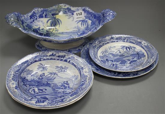 Three Spode Indian Sporting Series blue and white plates, a stand and a footed dish, c. 1815- 25,
